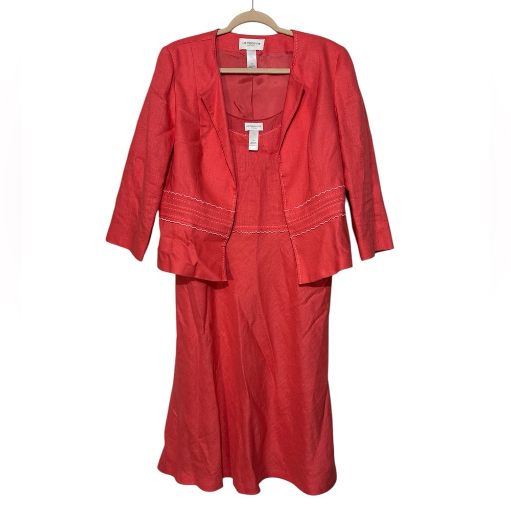 Liz Claiborne Pink Coral 100% Linen Scallop Modest Dress Jacket Suit Set Size 14